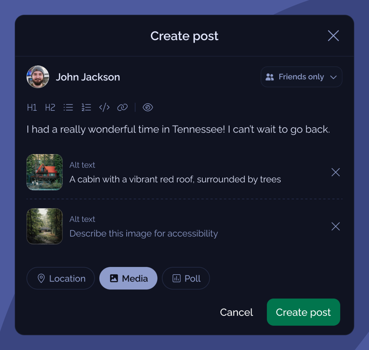 A preview of Cabin's media upload experience